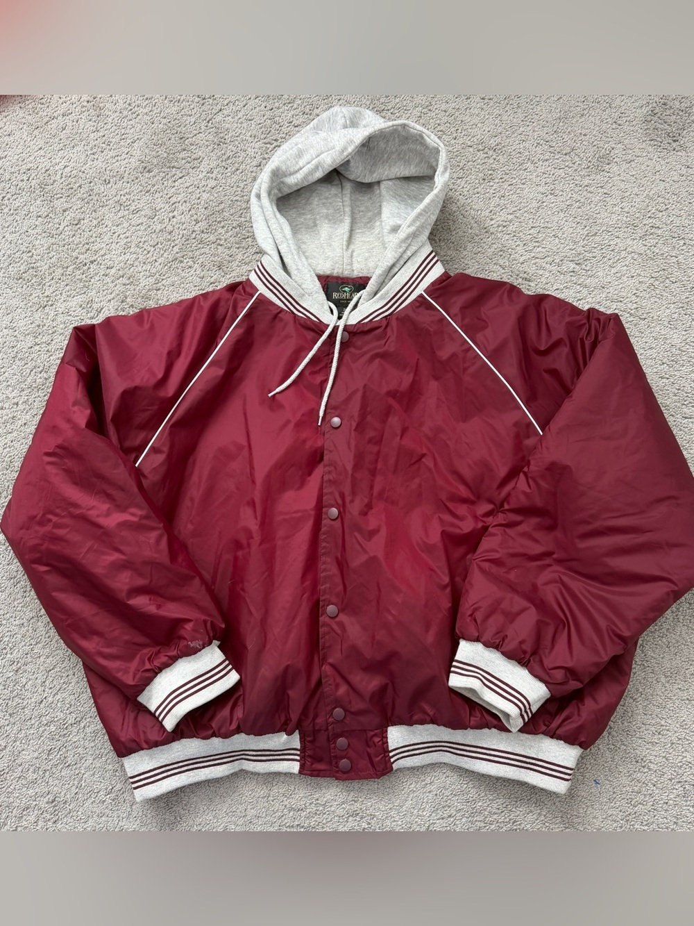 RedHead Hooded Varsity Bomber Jacket Mens 2XL Maroon Quilted Nylon
